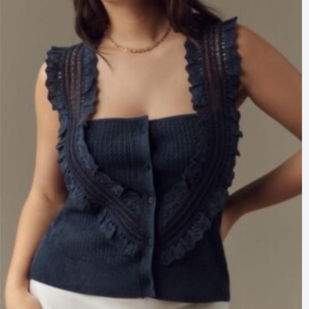Flint & Moss Navy Ruffle Lace Crochet Trim Knit Tank Top Size Large